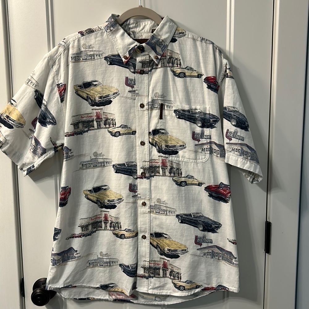 North River Men's Vintage Car Hawaiin Shirt L 100% Cotton Durable Button Down
